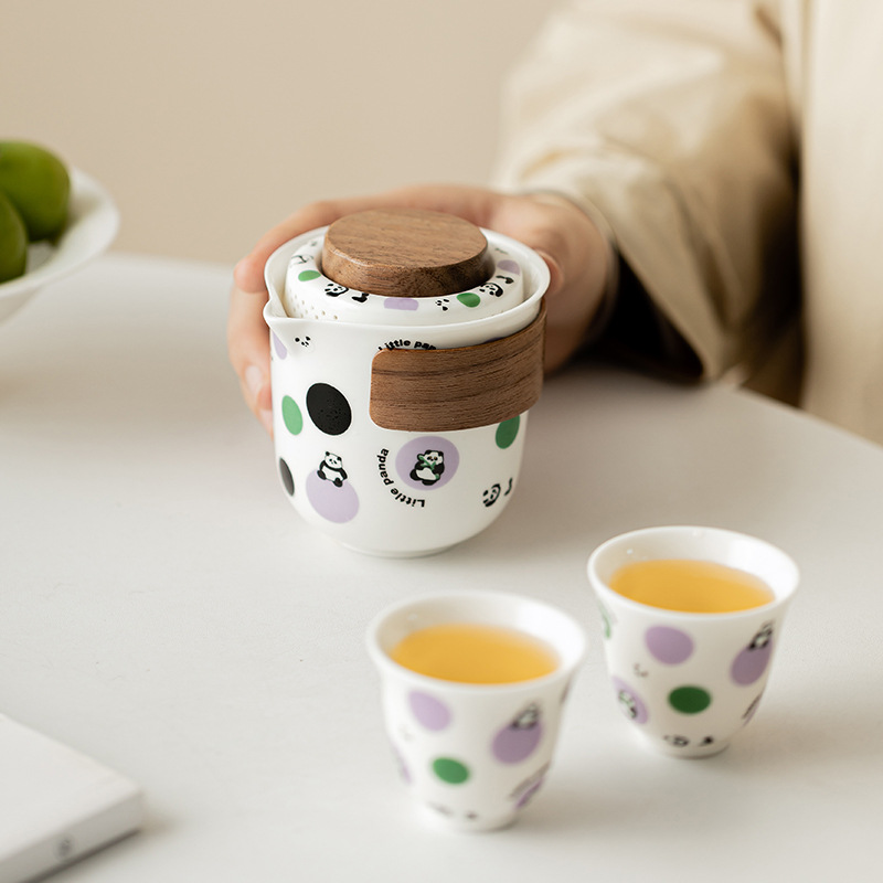 Bộ ấm trà du lịch gấu trúc một ấm hai cốc cắm trại ngoài trời ô tô di động gốm sứ nhanh cốc quà tặng công sở