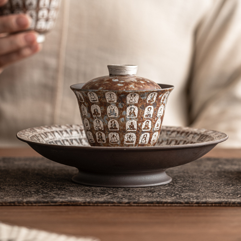 Bát trà có nắp dòng Vạn Phật mạ bạc cốc trà dụng cụ pha trà Kung Fu kiểu Trung Quốc gia dụng Bát trà đơn cao cấp có nắp