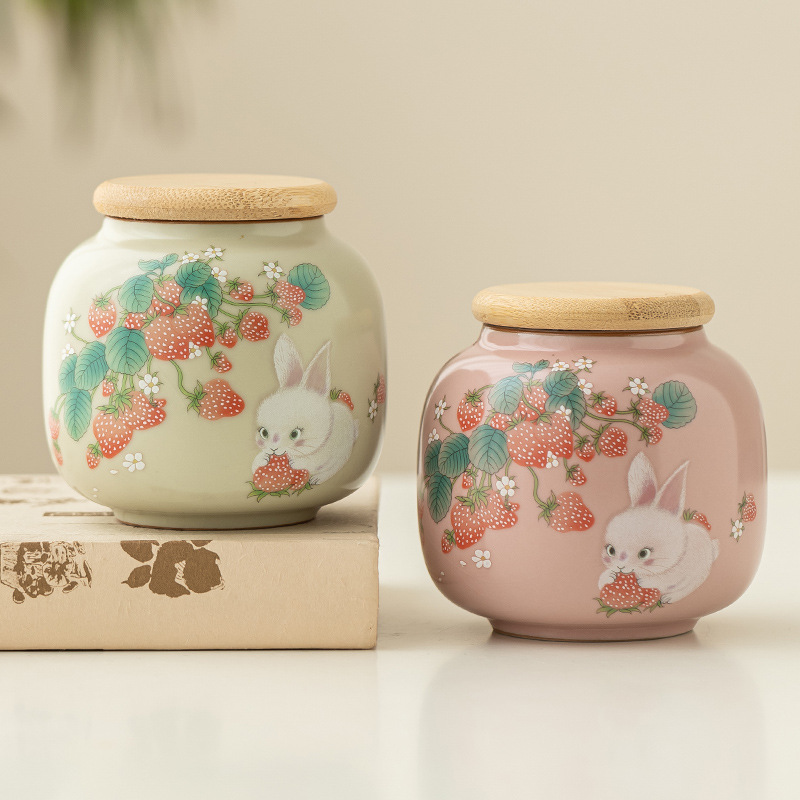 Hộp đựng trà Thỏ Dâu Tây Ruyao, hộp đựng trà chống ẩm kín gia dụng, Trà đen, trà xanh, Hộp đựng trà Pu'er cỡ nhỏ