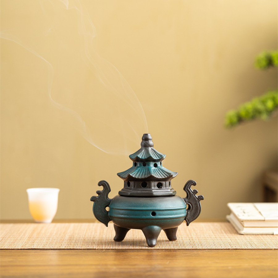 Lư hương gốm sứ Bát Quái nội thất gia dụng lư hương gỗ đàn hương kiểu Trung Quốc lư hương trầm hương đồ trang trí lư hương chùa