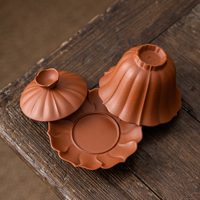 Bộ bát có nắp cát tím Yixing Lily ấm pha trà Kung Fu đất sét đỏ nguyên chất thủ công cổ điển cốc trà Bộ trà Bát trà