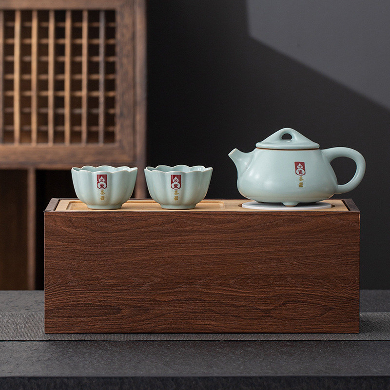 Bộ ấm trà Ru Kiln cao cấp sang trọng nhẹ, Khay trà đơn giản một ấm hai cốc, quà tặng