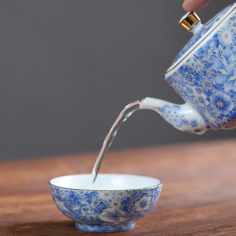 Bộ trà du lịch tráng men xanh trắng bộ một ấm hai cốc bộ trà cao cấp túi đựng đồ xách tay bán buôn cốc khách nhanh