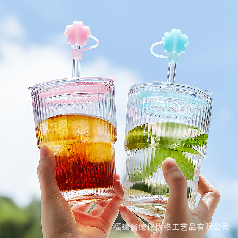 Cốc thủy tinh dễ thương phong cách ins cốc nước có giá trị cao có nắp lớn cốc trà hoa nước trái cây mùa hè cho nữ Cốc ống hút