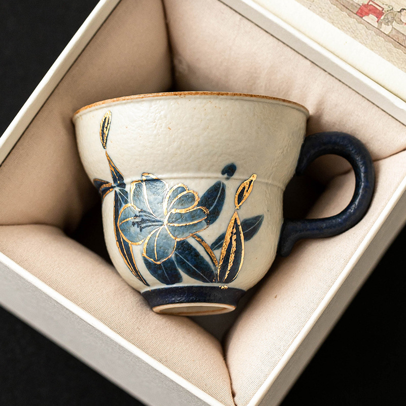 Cốc trà gốm sứ đá lửa trắng xanh, cốc bầu hoa huệ vẽ tay, cốc trà Kung Fu, cốc chủ bộ trà, cốc đơn