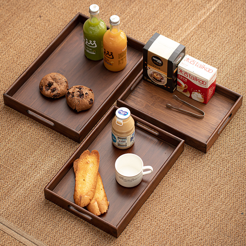 Khay đựng trà bằng tre màu quả óc chó khay đựng đồ ăn nhẹ cỡ lớn kiểu Trung Quốc hai tai đơn giản gia dụng