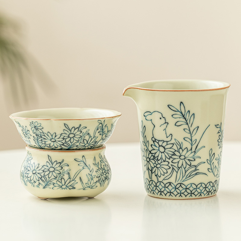 Phụ kiện bộ trà gốm lọc trà hoa hướng dương dễ thương thỏ bộ trà bộ ba món đồ lọc trà tiếp khách kiểu Trung Quốc