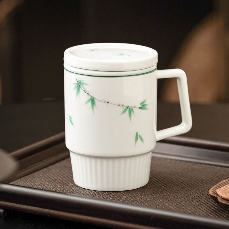 Vẽ tay tre xanh hoa văn dọc văn phòng cốc trà đơn giản tách nước trà cốc gia dụng có nắp cốc trà cốc nước