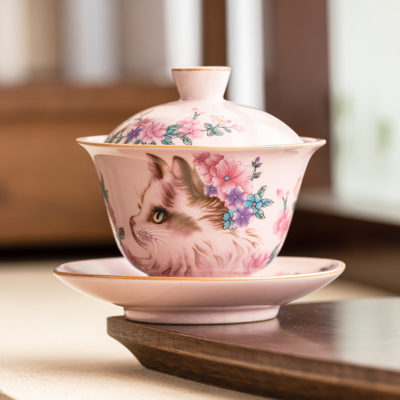 Cốc trà nắp mèo hoa Ruyao, cốc trà, gốm sứ mở, bát trà ba tài có nắp, bộ trà đặc biệt dành cho nữ, giá trị cao