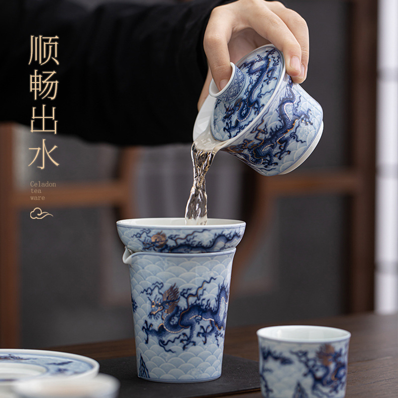 Bộ ấm trà Kung Fu Tenglong màu xanh và trắng gia dụng cổ điển không nóng tay cốc trà ba tài năng hộp quà cao cấp bán buôn