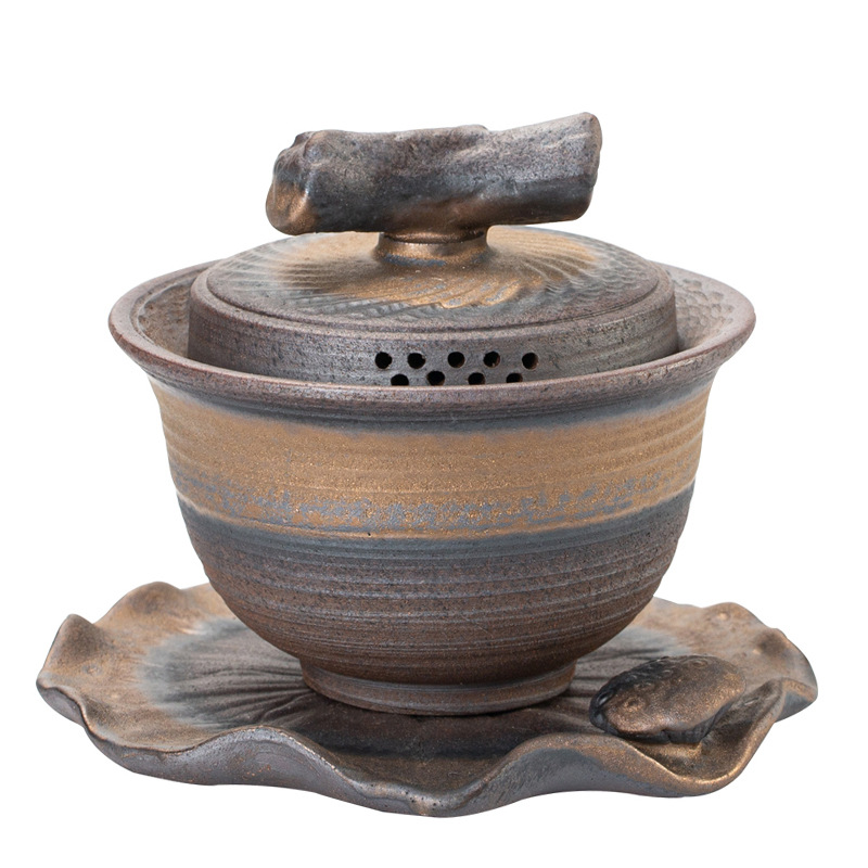 Bán buôn gốm thô cầm tay ba cái bát có nắp đậy đơn chống bỏng cổ điển Jingdezhen làm bằng tay Bát trà gốm sứ bằng gỗ có nắp