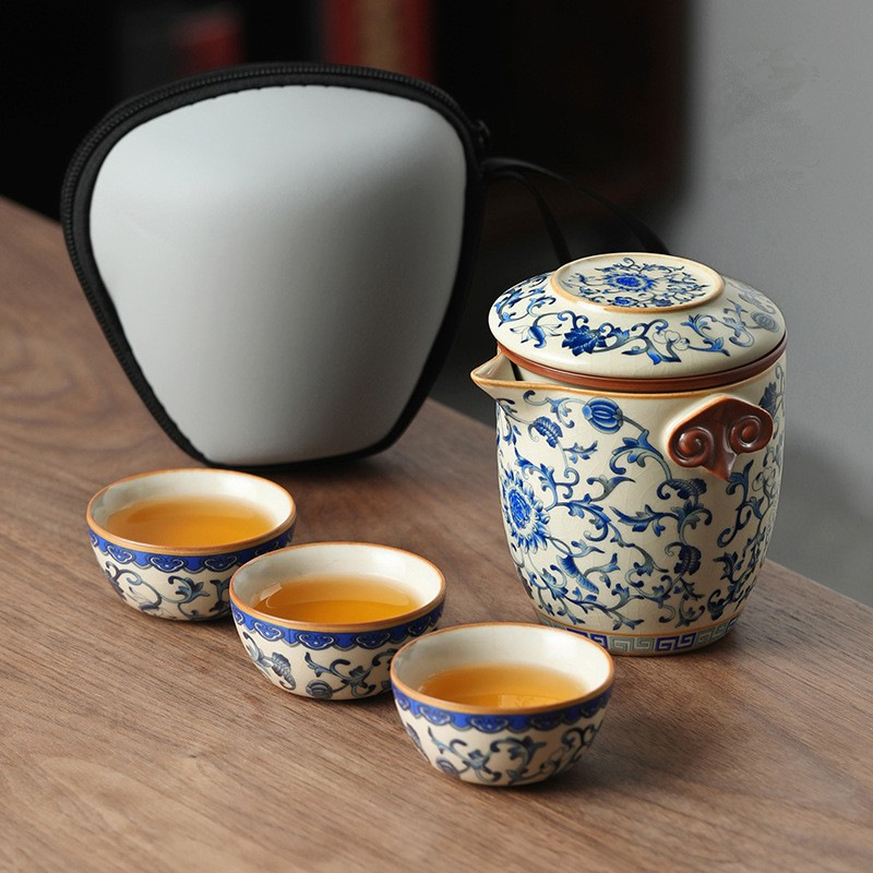Bộ ấm trà du lịch lò Ru màu xanh và trắng cắm trại ngoài trời chuyên dụng cá nhân di động gốm sứ nhanh cốc một ấm ba cốc
