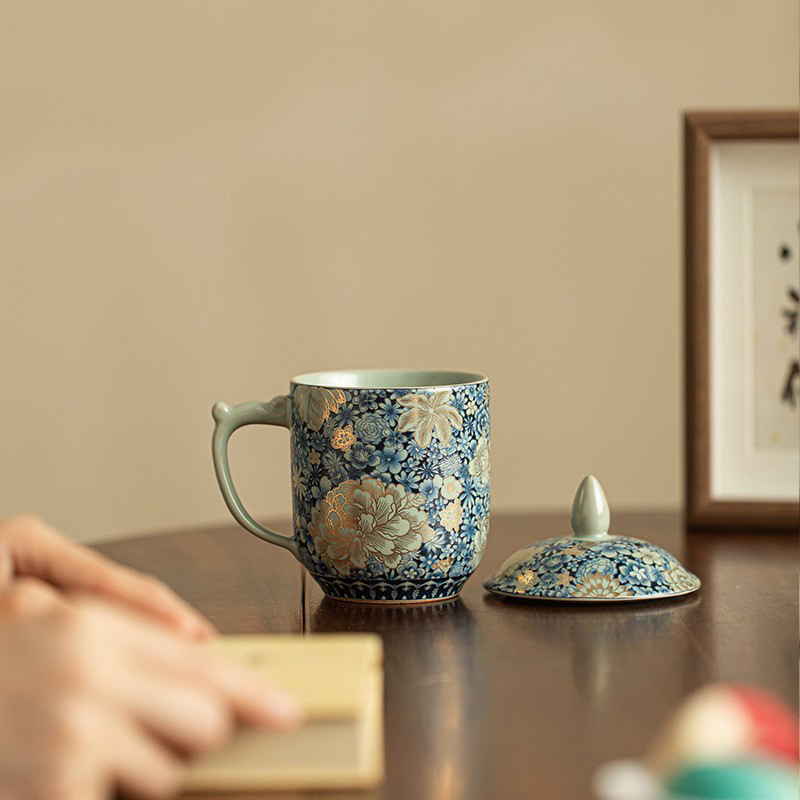 Cốc nước cốc văn phòng cốc gốm sứ có nắp cốc sứ Ru dung tích lớn