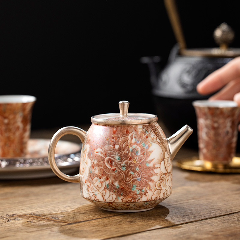 Bộ ấm trà Handuo rồng đỏ tráng men mạ bạc, quà tặng sinh nhật nam nữ lãnh đạo người lớn tuổi