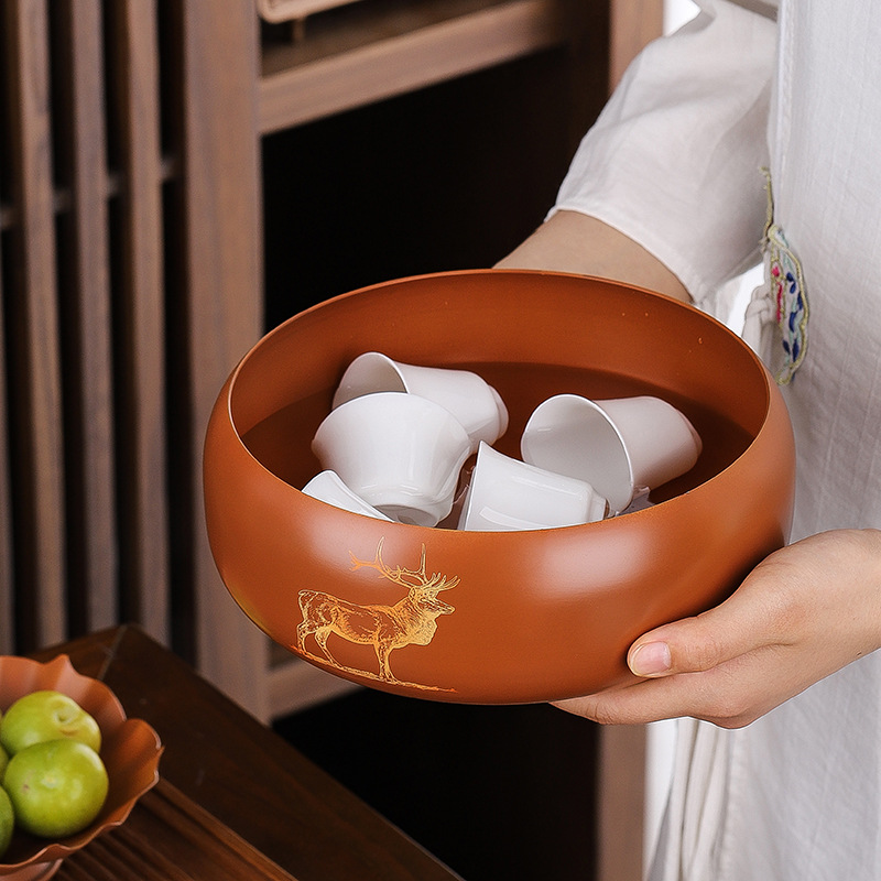 Cốc trà cao cấp bằng đồng thau, thùng rửa trà cực lớn, chậu nước, phụ kiện bộ trà Kung Fu lớn, rửa trà bằng đồng kiểu Nhật có màu nóng
