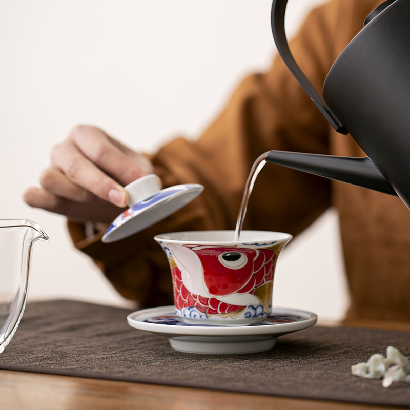 Yingqing Xianglong Nafu Sancai Bát trà Cốc pha trà gốm sứ cao cấp một chiếc có nắp Bán buôn bát trà gia dụng