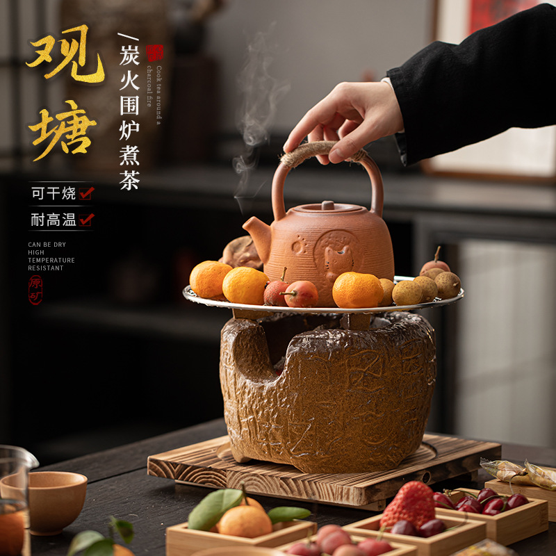 Nấu trà trong lò, bếp than đốt lửa, bếp than đốt, gốm thô, xà nâng bên, nồi đất nung, nhiệt độ nước, bếp than nấu trà, Bộ pha trà