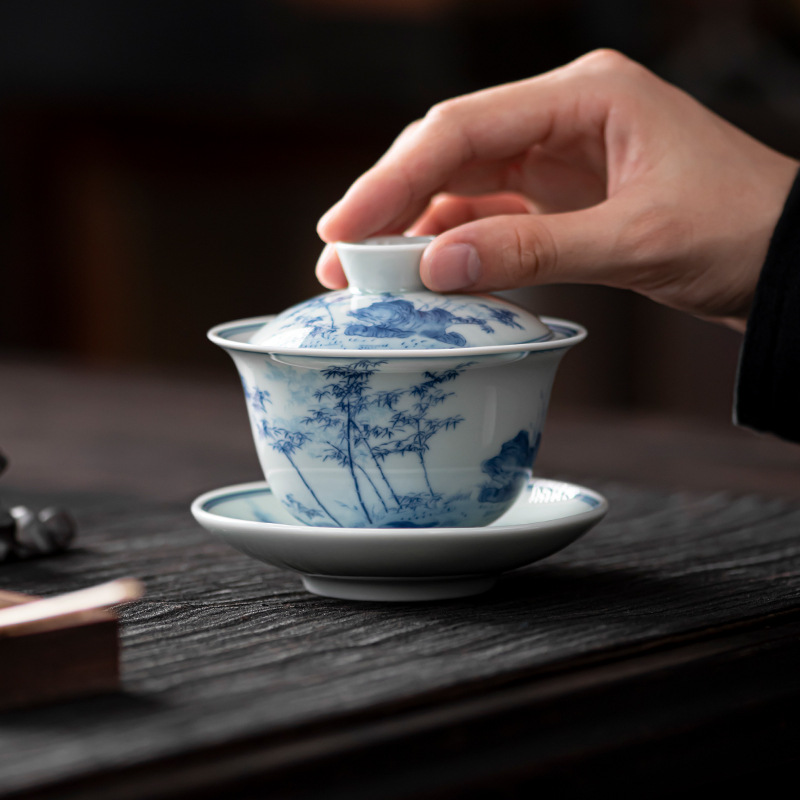 Bát có nắp ba tài cổ điển cốc trà đơn gốm sứ cao cấp bộ trà Kung Fu sứ trắng xanh bát pha trà cỡ lớn nhỏ có nắp