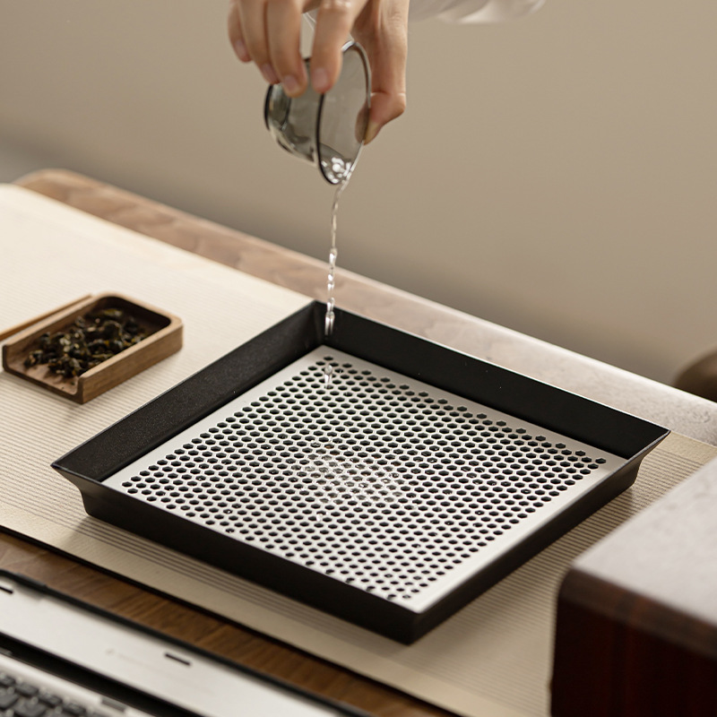 Chậu vuông sắt rèn có khay trà khô, khay đựng nước và lọc trà, khay trà nhỏ kiểu Trung Quốc mới bằng nhôm