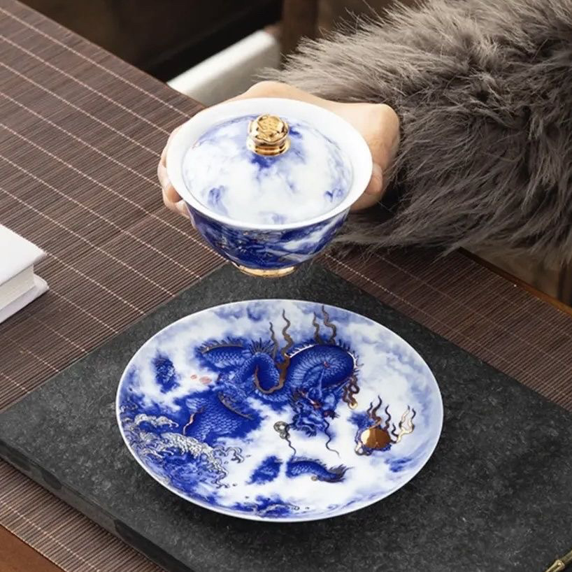 Huang Xudong màu phấn vẽ tay màu xanh sapphire họa tiết rồng phủ bát handmade gốm trà trà phủ bát quà tặng lưu niệm