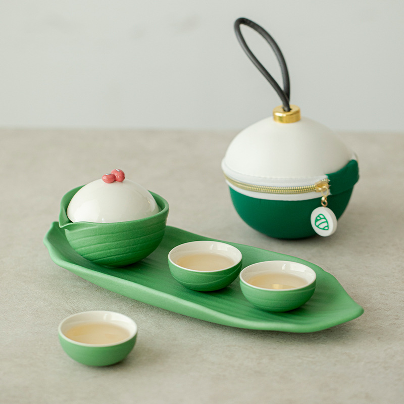 Bộ trà du lịch di động Chupu Zongzi Quà tặng Lễ hội thuyền rồng Cốc khách nhanh ngoài trời Một ấm ba cốc Bộ tách trà văn hóa và sáng tạo