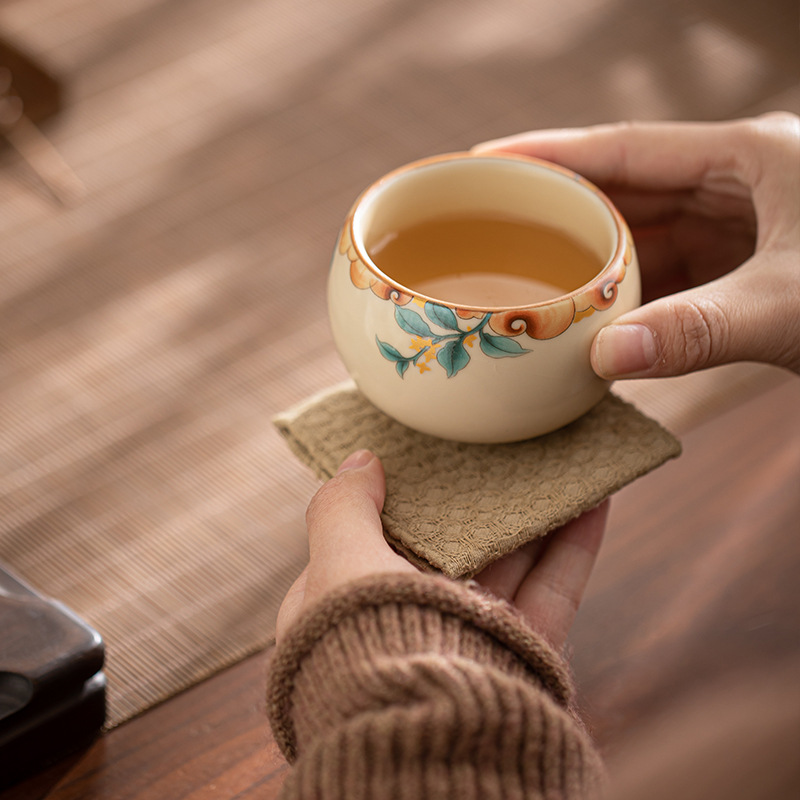 Cốc uống trà Ru kiln màu be lá Bồ Đề, cốc đơn dùng cho văn phòng, gia đình, cá nhân, quà tặng.
