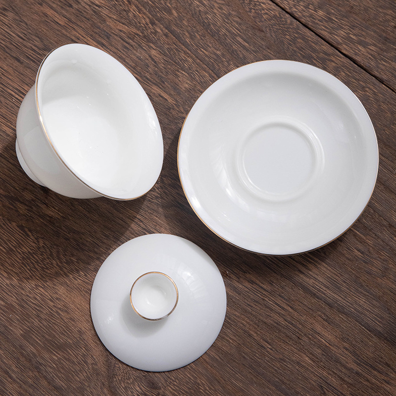 Bộ bát chén sứ trắng Đức Hoa, chất liệu ngọc béo, kiểu dáng ba tài, bát đơn, bộ ấm chén trà Kung Fu gia dụng, bán buôn.