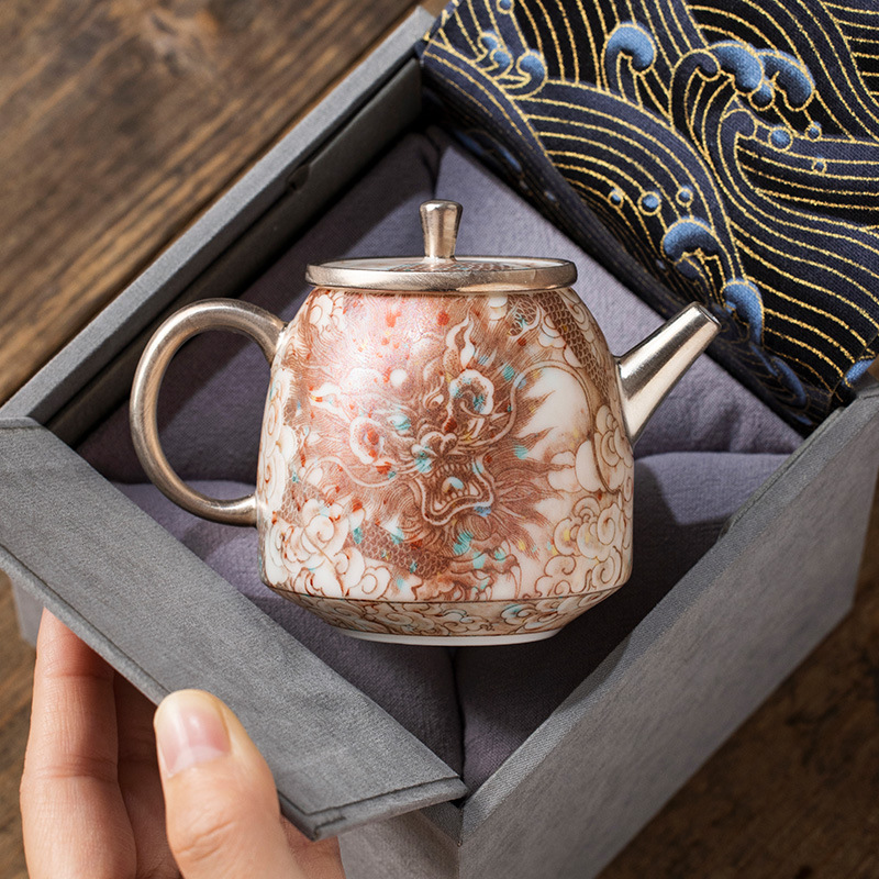 Bộ ấm trà Handuo rồng đỏ tráng men mạ bạc, quà tặng sinh nhật nam nữ lãnh đạo người lớn tuổi