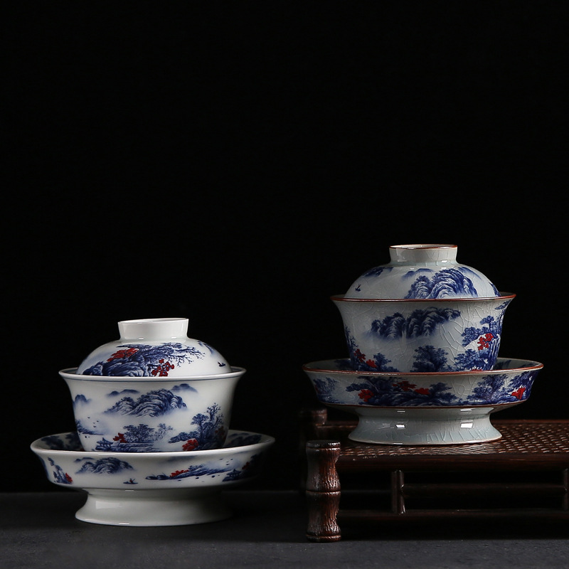 Bát có nắp ba tài bằng đất sét cũ có thể nâng cổ kính màu xanh và trắng, bát đỏ tráng men gốm sứ Kung Fu, bát pha trà, tách trà