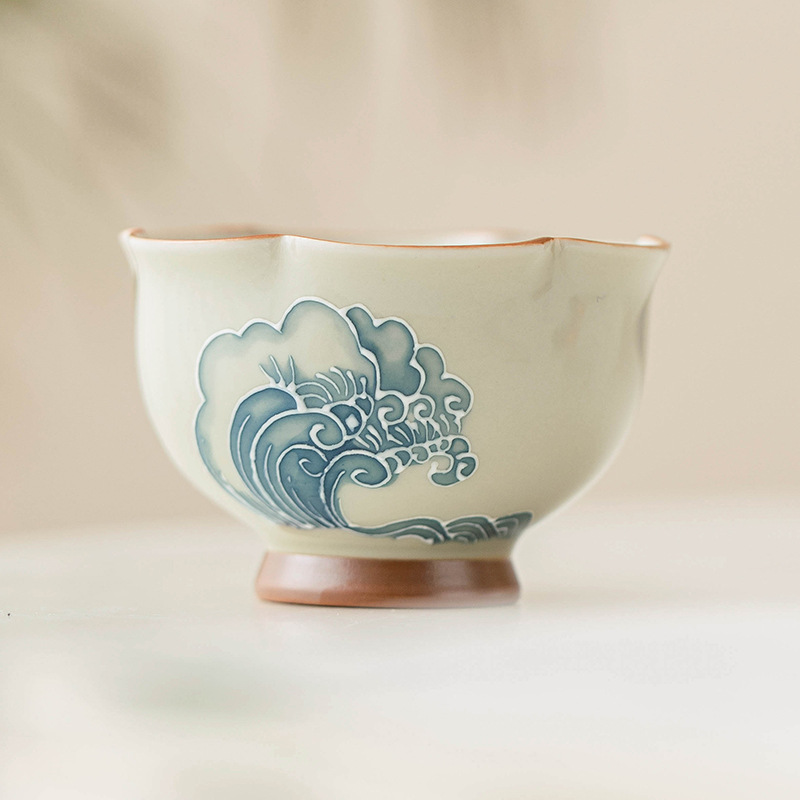 Cốc nụ hoa sóng chạm khắc xếp chồng cốc trà vẽ tay kiểu Trung Quốc cốc chủ nhân bộ trà gốm sứ đơn giản hộp quà tặng chén trà Kung Fu