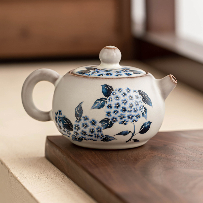 Ấm trà cổ điển kiểu Trung Quốc Ru Kiln, cốc trà, thạch mỡ lợn, hoa cẩm tú cầu Ruqing, ấm một ấm hai cốc, ấm pha trà gốm sứ