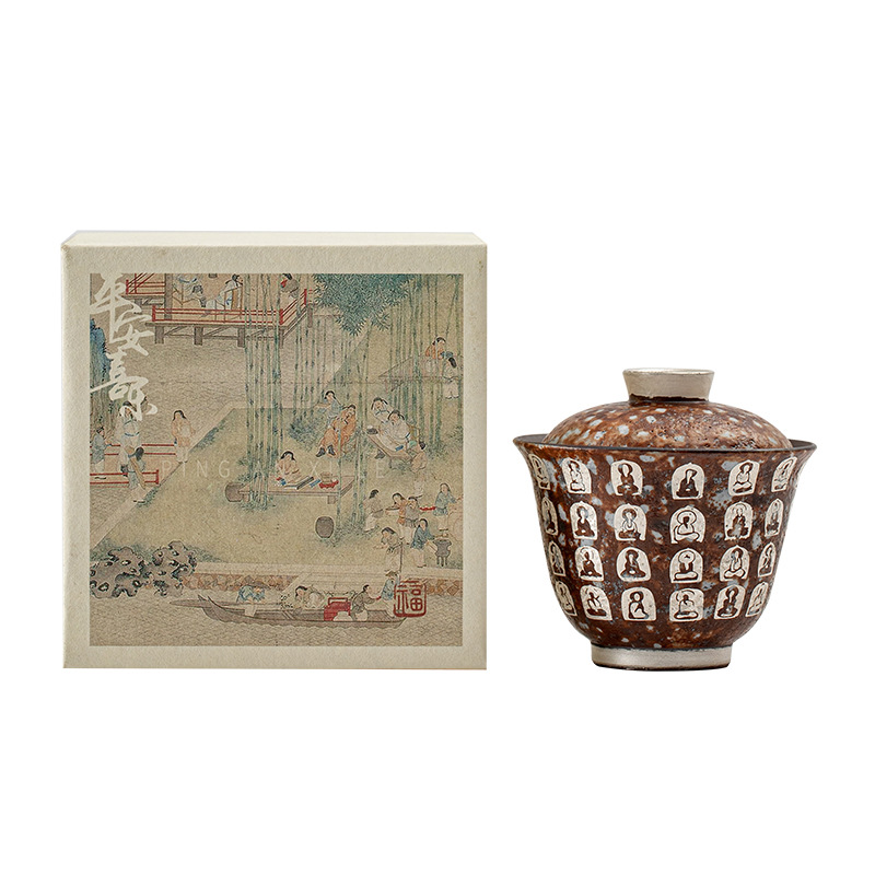 Đôn Hoàng Vạn Phật mạ bạc hai chiếc bát có nắp làm bằng gốm thô thủ công bùn đá cổ điển Bát Trà Hộp Quà Bộ trà Kung Fu