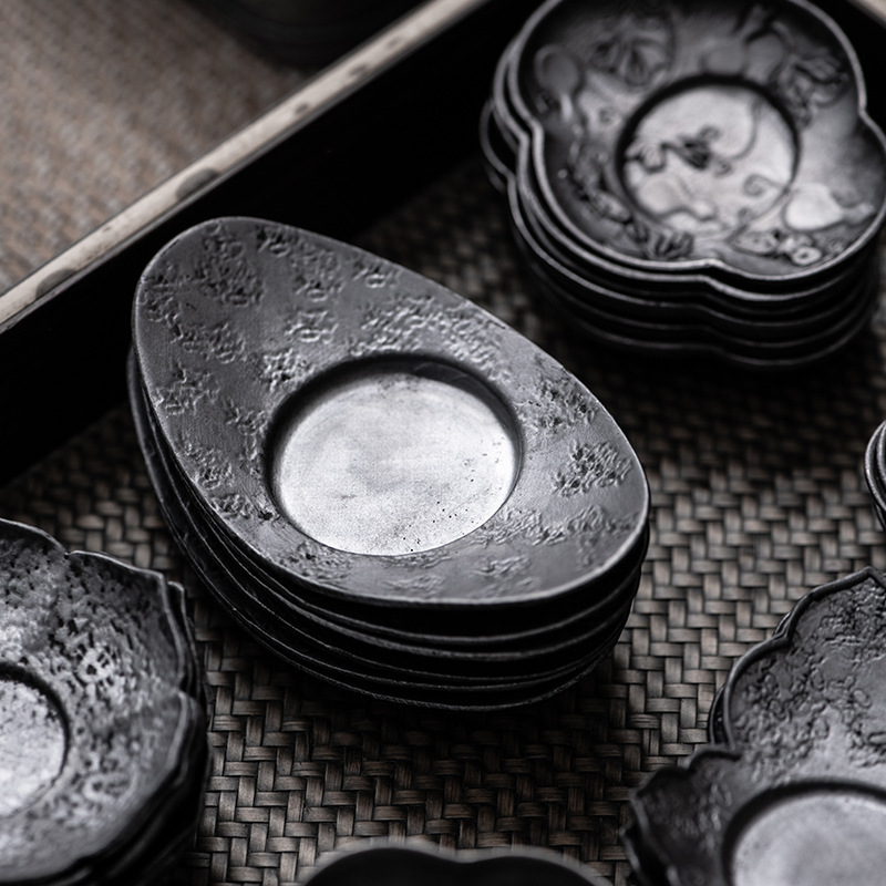 Lót cốc thiếc cổ cao cấp lót trà khay trà kim loại thiếc cũ vân búa thủ công chống trượt phụ kiện trà Kung Fu kiểu Nhật