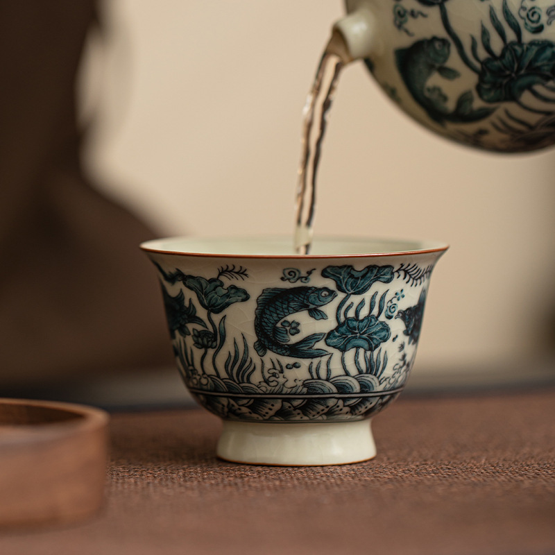 Tách trà gốm sứ kiểu Trung Hoa giả cổ nhà Tống, họa tiết vảy cá, bộ trà đạo, tách nếm trà, tách chủ, tách đơn, men nứt