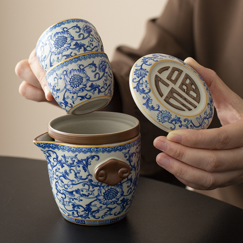 Bộ trà du lịch tráng men thủy triều văn hóa và sáng tạo Bộ trà pha trà một ấm ba tách Bộ quà tặng cắm trại xách tay