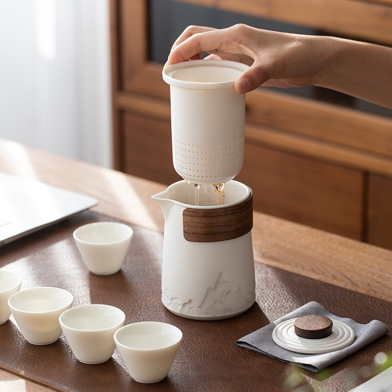 Bộ trà du lịch, di động, cắm trại ngoài trời, du lịch, pha trà, thiết bị uống trà, cốc hành khách nhanh, một ấm sáu cốc