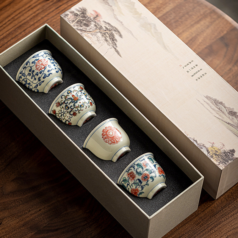 Chén Trà Hoa Sen Xanh Trắng Jingde cốc chủ nhân gốm sứ cốc trà cao cấp Hộp Quà Tặng Bộ trà Kung Fu