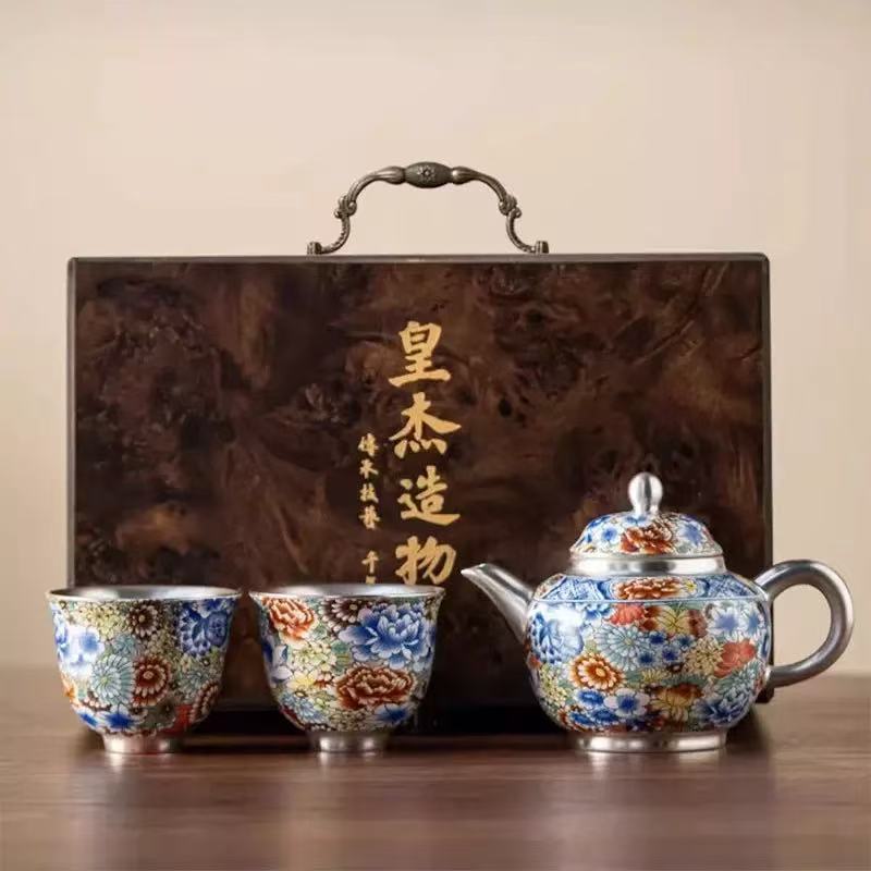 Bộ ấm trà Kung Fu bạc nguyên chất nhiều màu thủ công của bậc thầy với một ấm và hai tách làm quà cưới và sinh nhật cho người lớn tuổi và lãnh đạo