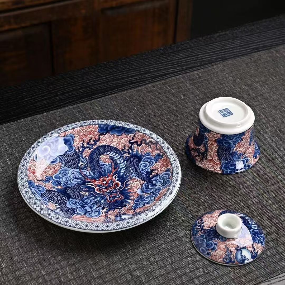 Longteng Shengshi Gaiwan Bộ trà Kung Fu gia đình Bát ba tài năng Cốc trà gia dụng Bát trà sang trọng nhẹ cao cấp.