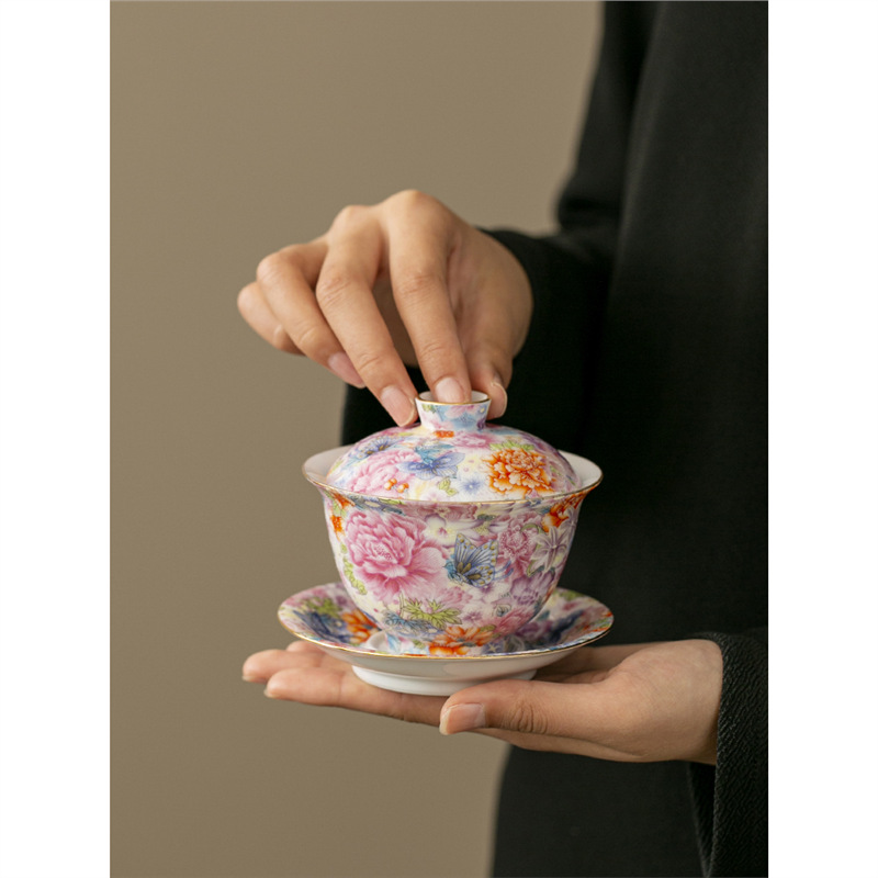 Bát trà cốc trà tam tài vạn hoa bộ trà công phu phong cách Trung Quốc bộ trà bát trà tráng men màu cao cấp gia dụng