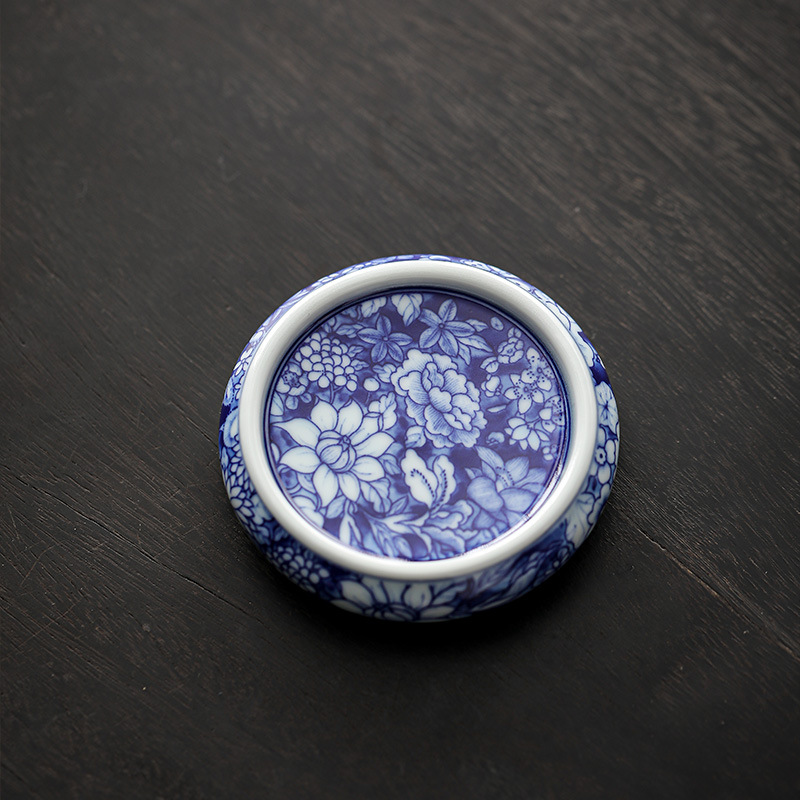 Bộ ấm trà sứ trắng xanh có nắp hoa, giá đỡ bình gốm cổ, giá đỡ nắp tròn, đế lót ly trà, bộ ấm trà, phụ kiện trà đạo