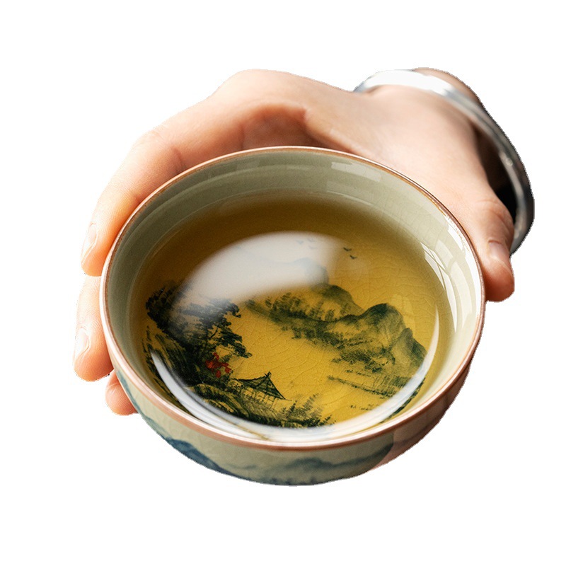 Jingdezhen cũ gốm bùn Pu'er Cup vẽ tay màu xanh và trắng lò củi dập cốc phong cảnh sản phẩm trà chén Ngàn Dặm Giang Sơn chủ nhân cốc