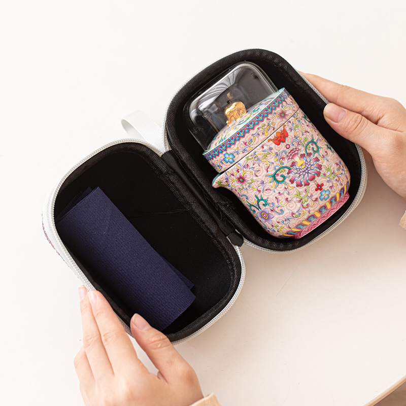 Bộ trà du lịch tráng men phong cách Trung Quốc Bộ trà một ấm ba cốc Bộ quà tặng Bộ pha trà tiện dụng cắm trại