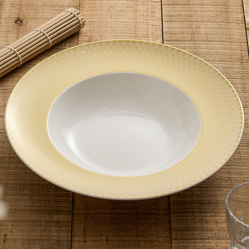 Đĩa súp gốm vàng vàng Renaissance Đĩa món ăn Đĩa gia dụng Bộ đồ ăn khách sạn sang trọng kiểu mới cao cấp Đĩa mũ rơm đồ ăn phương Tây
