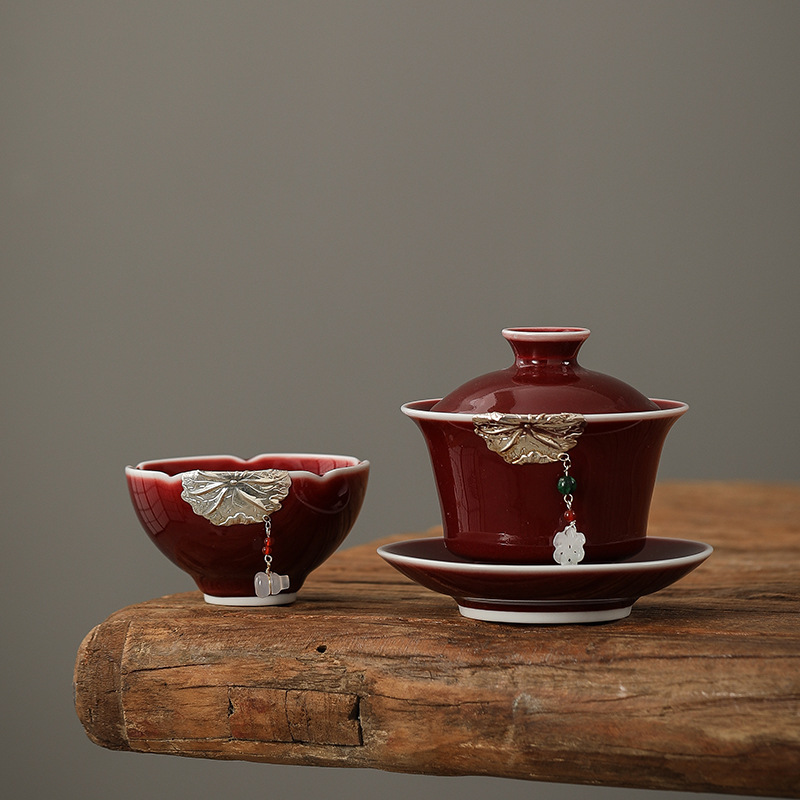 Bộ gaiwan ba tài màu đỏ dát bạc, bộ trà kung fu tua rua không nóng, bát trà, quà cưới, bát trà cao cấp