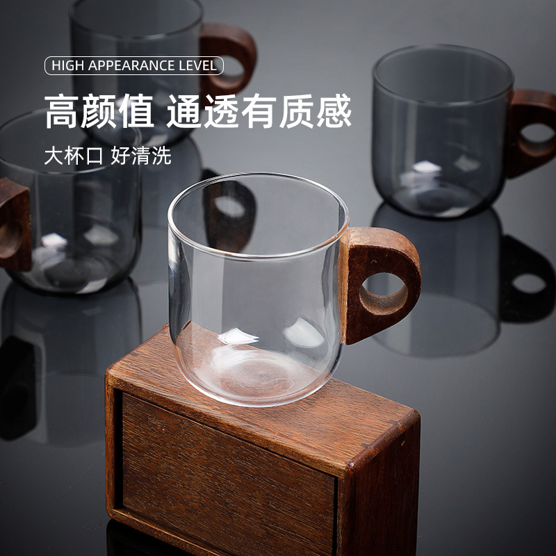 Cốc nước thủy tinh cốc cà phê treo tai cốc cà phê cốc thủy tinh cốc nước trái cây cốc sữa ăn sáng cốc tay cầm bằng gỗ cốc hộ gia đình cốc
