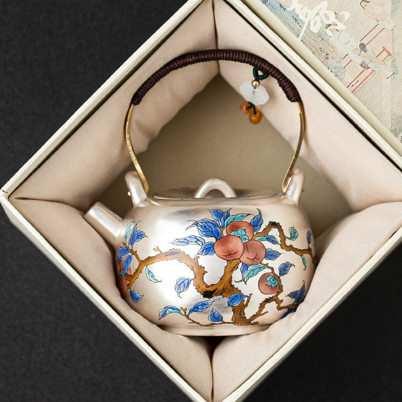 Ấm trà mạ bạc Guofeng 999, ấm trà cầm xà nâng hồng Ruyi, ấm trà chống bỏng gốm sứ, quà tặng gia dụng cao cấp