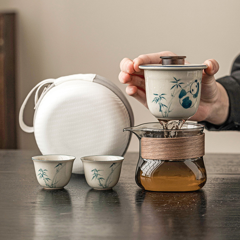 Bộ trà du lịch gấu trúc vẽ tay màu xám thực vật bộ trà di động thiết bị uống trà gốm sứ nhanh túi lưu trữ cốc khách