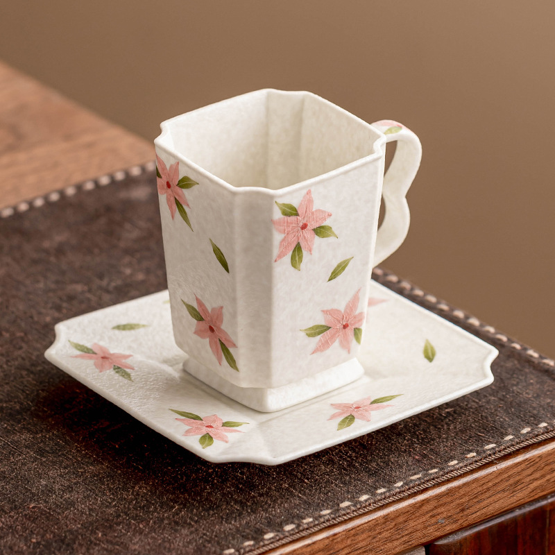 Cốc cà phê vuông hoa anh đào trắng đá cốc gốm cốc uống nước gia dụng tinh tế bộ cốc cà phê vẽ tay chống bỏng