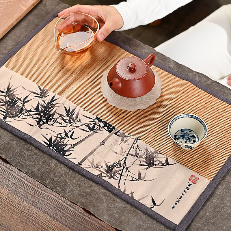 Cửa hàng trà tre cổ điển giữa Đại sảnh Da'an, chiếu trà nhỏ, vải tre, tranh cổ, đệm dệt tre, bàn thiền, đồ trà